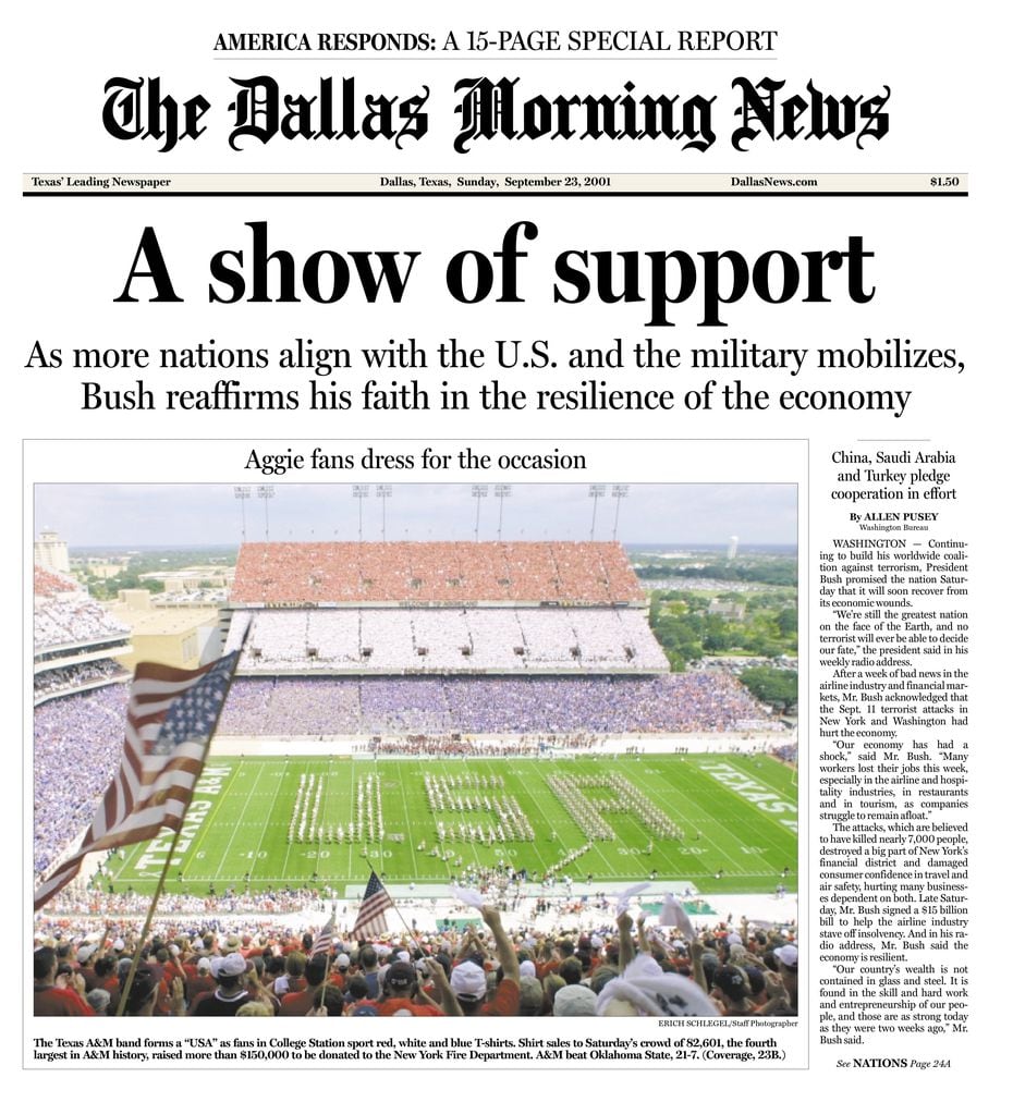 The front page of The Dallas Morning News from Sept. 23, 2001.