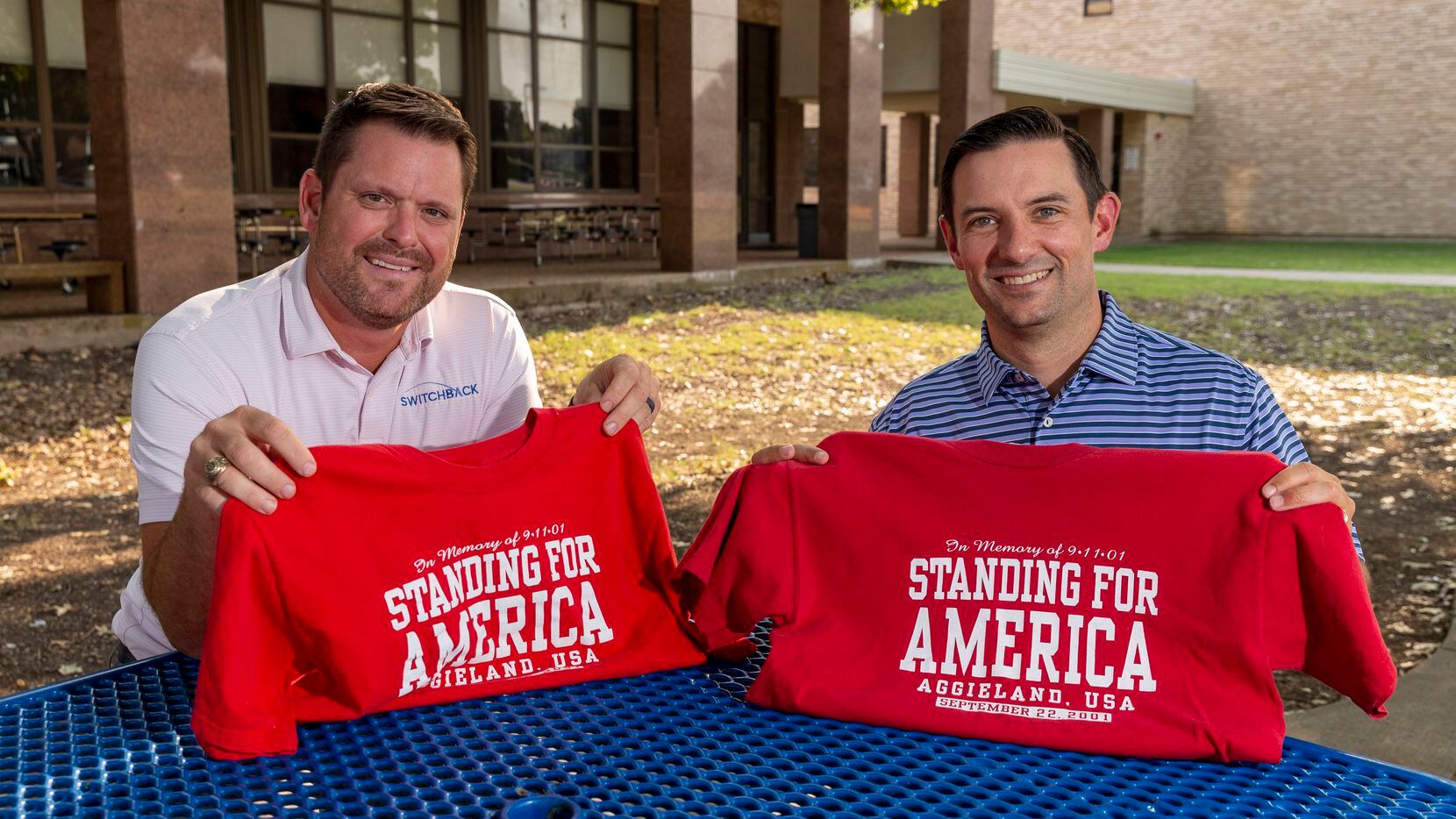 Josh Rosinski (left) and Cole Robertson display a pair of original T-shirts sold for Texas A&M’s Red, White and Blue Out game following the attacks on Sept. 11, pictured on Thursday, Sept. 2, 2021, in Richardson, Texas. Rosinski and Robertson were part of a group of students that led an effort to have fans at Kyle Field don red, white and blue T-shirts in a show of national unity.